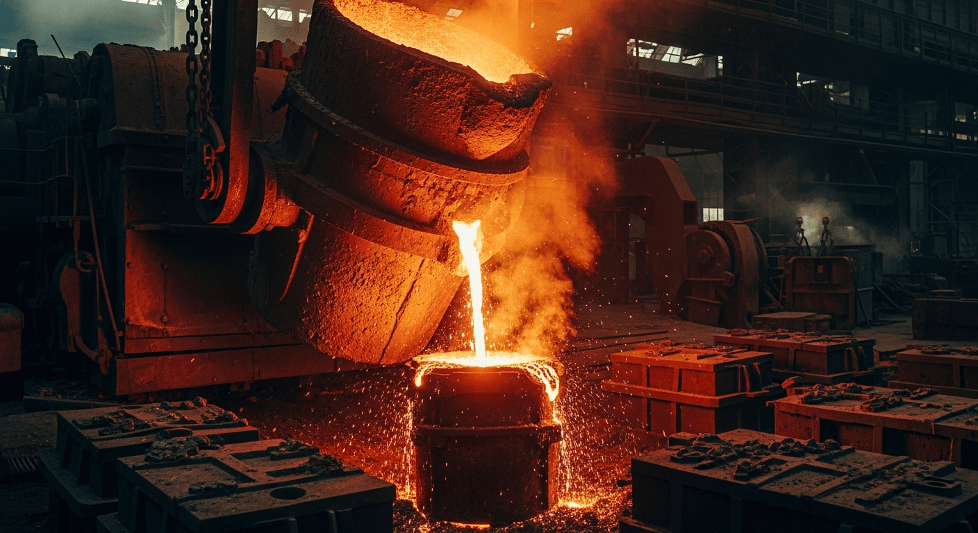 Molten metal pouring during industrial grey and ductile iron casting at Sakura Casting foundry.